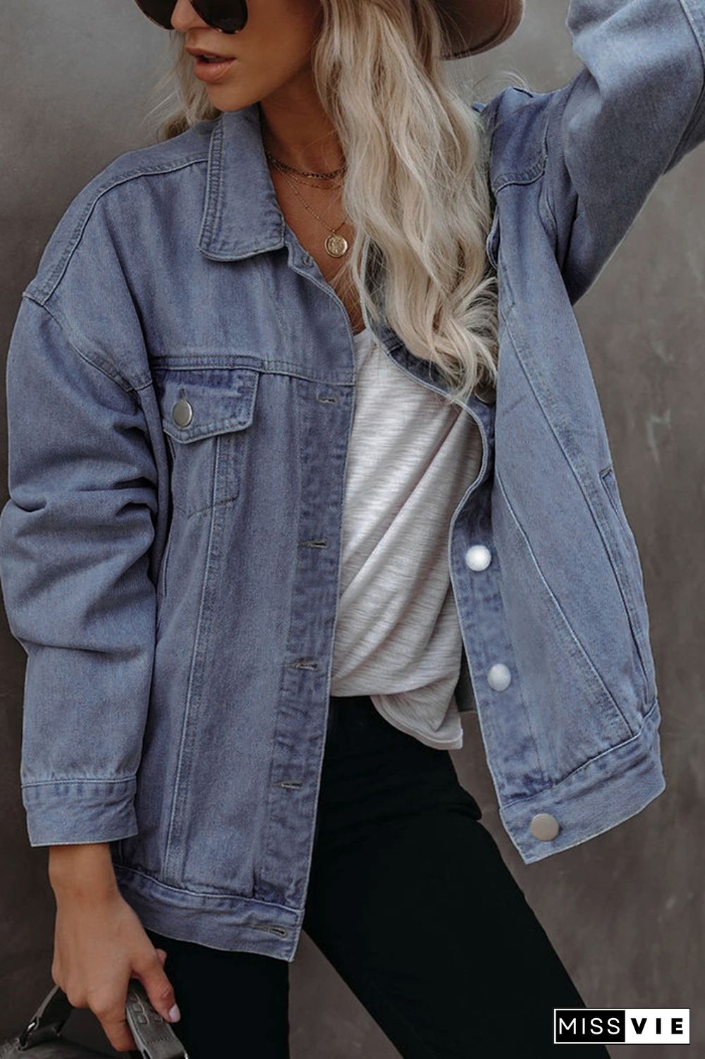 Wash Buttons Front Denim Jacket Women Wholesale