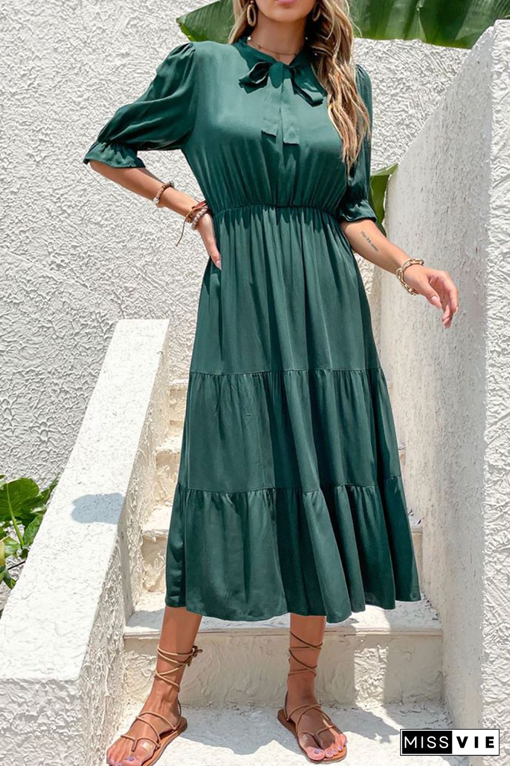 Dark Green Half Sleeve Midi Dress Wholesale