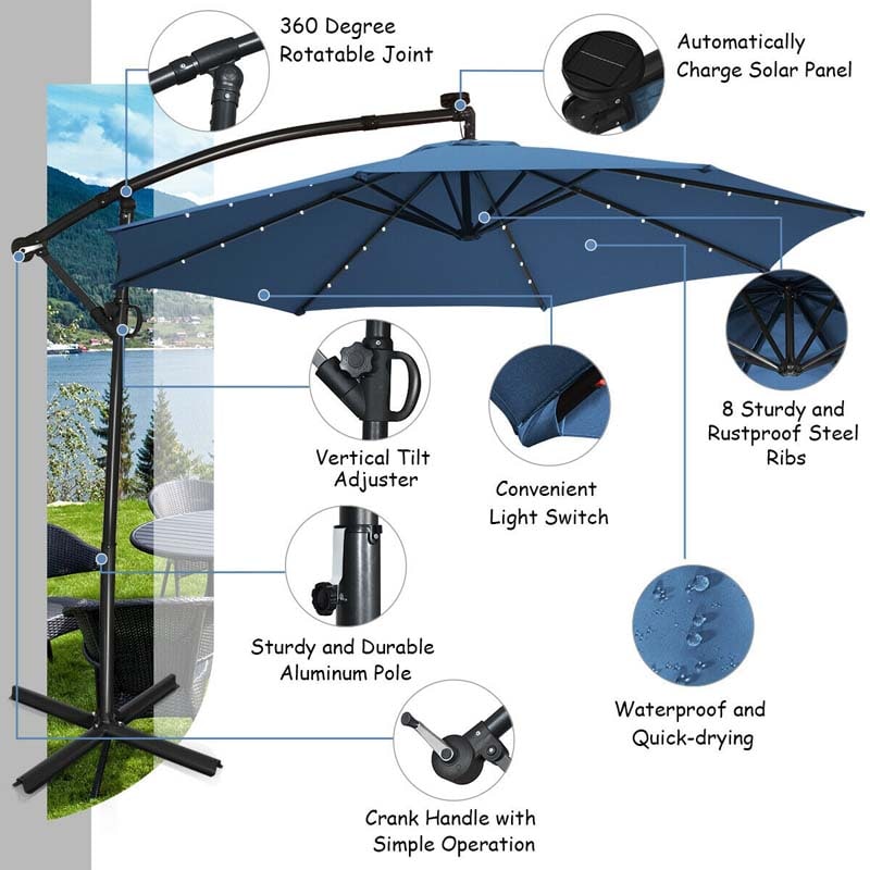 10 FT Patio Offset Umbrella with Solar Lights 360° Rotation Outdoor Market Umbrella with Crank Handle & Cross Base