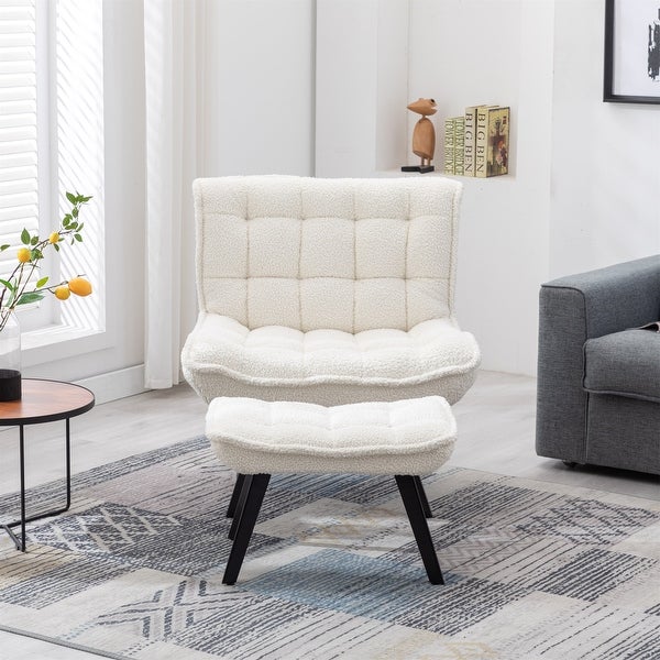 White Soft Teddy Fabric Accent Leisure Chair With Ottoman Black Legs