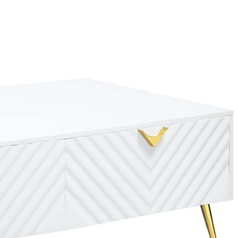 Tyra 53 Inch Modern Coffee Table， 2 Drawers， Metal Handles， White， Gold