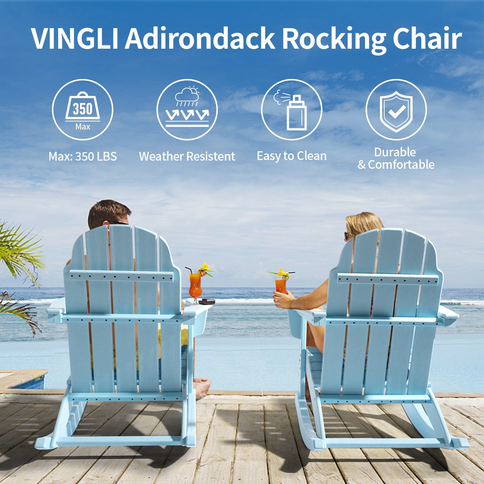 VINGLI Outdoor Rocking Chair, Plastic Adirondack Chair HDPE, 100% Recyclable Waterproof, for Pool Patio Lawn, Blue