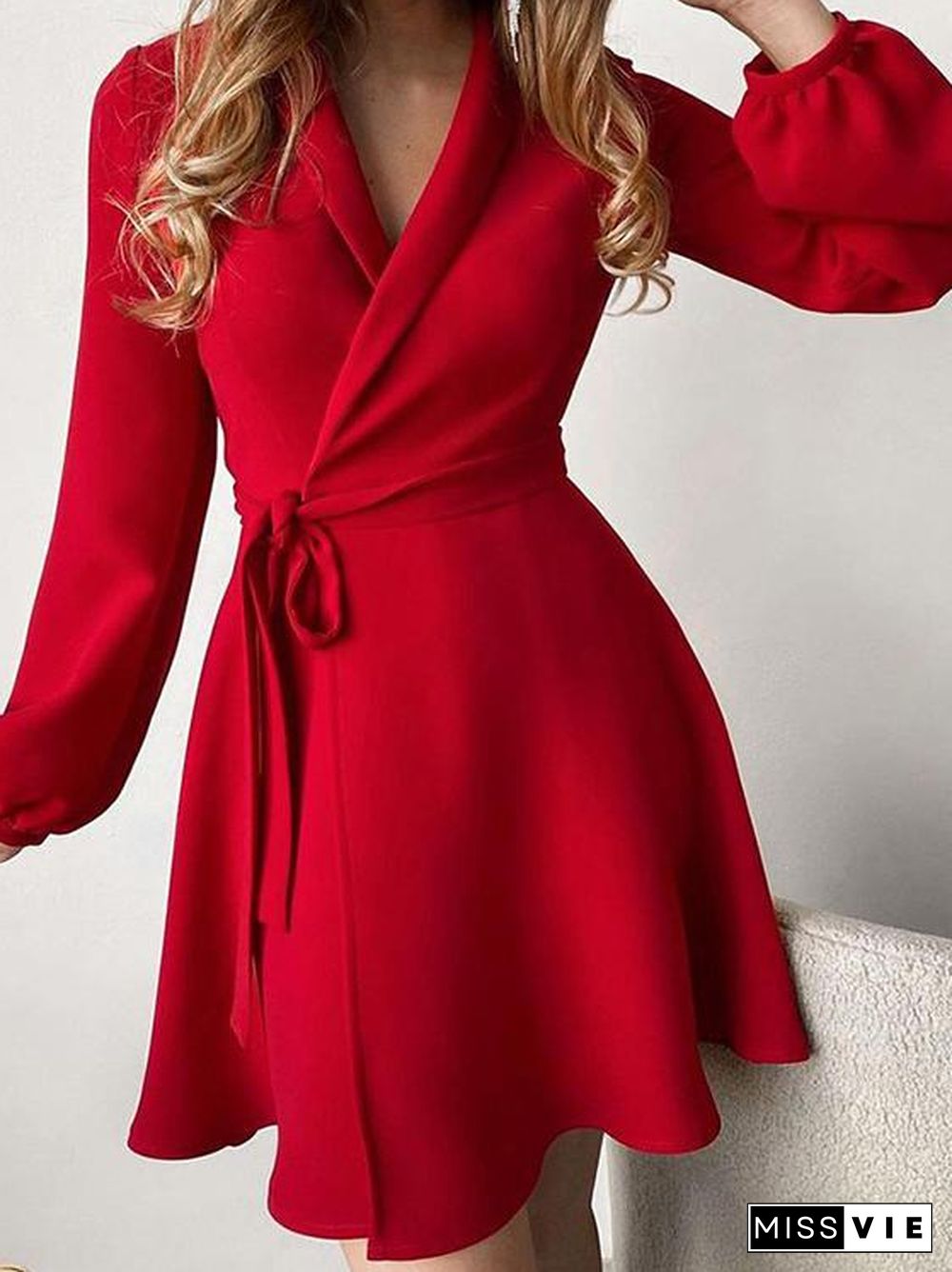 Temperament V-Neck Tie Long Sleeve Mini Dress