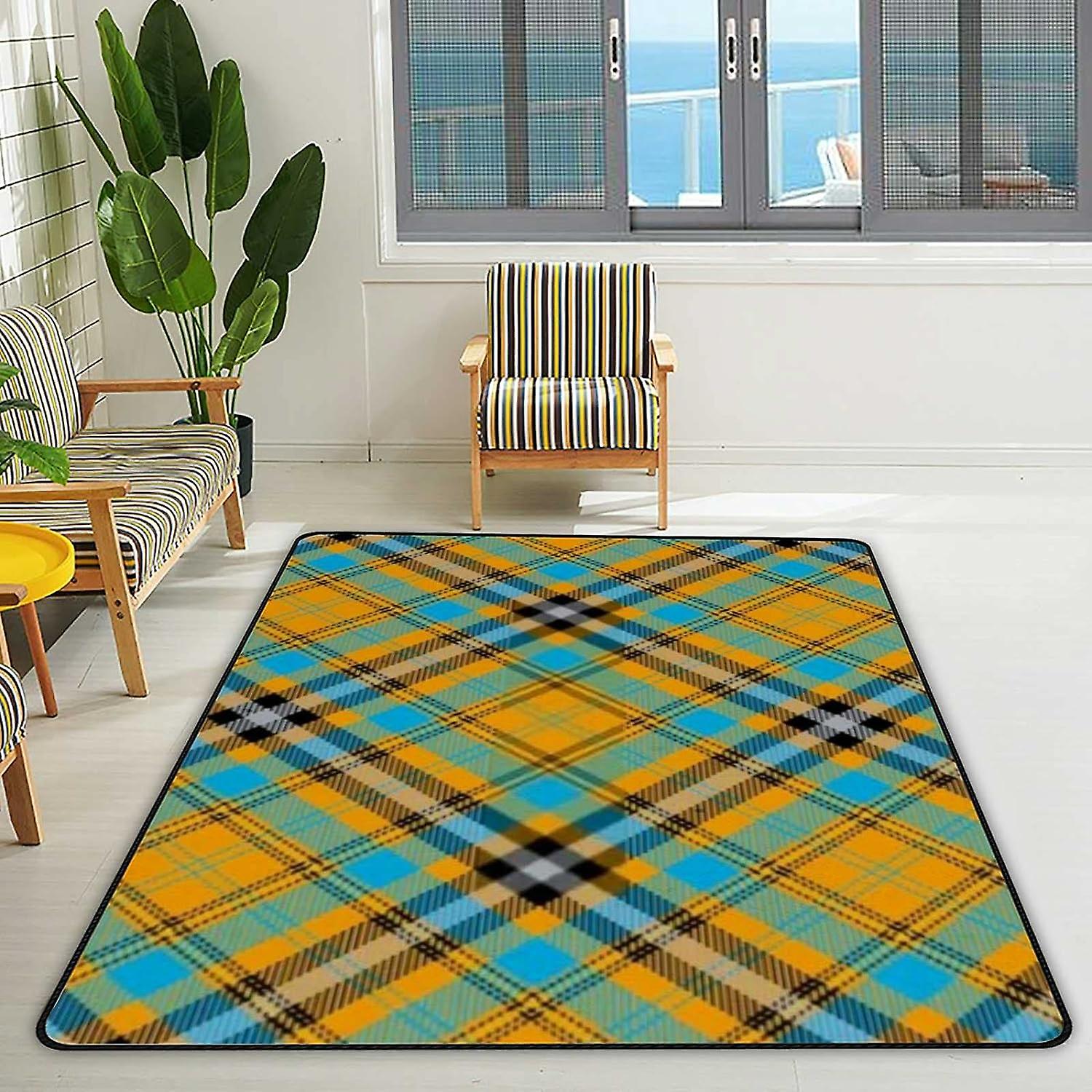 Soft Area Rugs Orange Blue Tartan Plaid Floor Carpet Mat For Kids Playing Room Hardwood Floor Living Room 80x58in