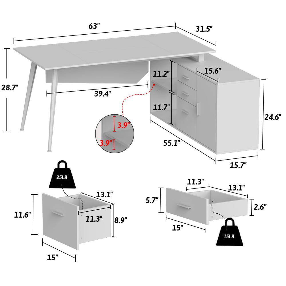 FUFUGAGA 63 in. W-28.7 in. H White Computer Desk with 3-Drawers 1-Storage Cabinet and 2-Adjustable Shelves DRF-KF210153-12