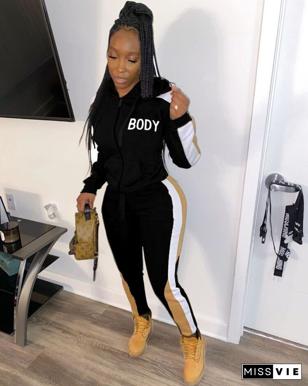 Lettered Hooded Zipper Jacket Sweatpants 2 Pieces Set