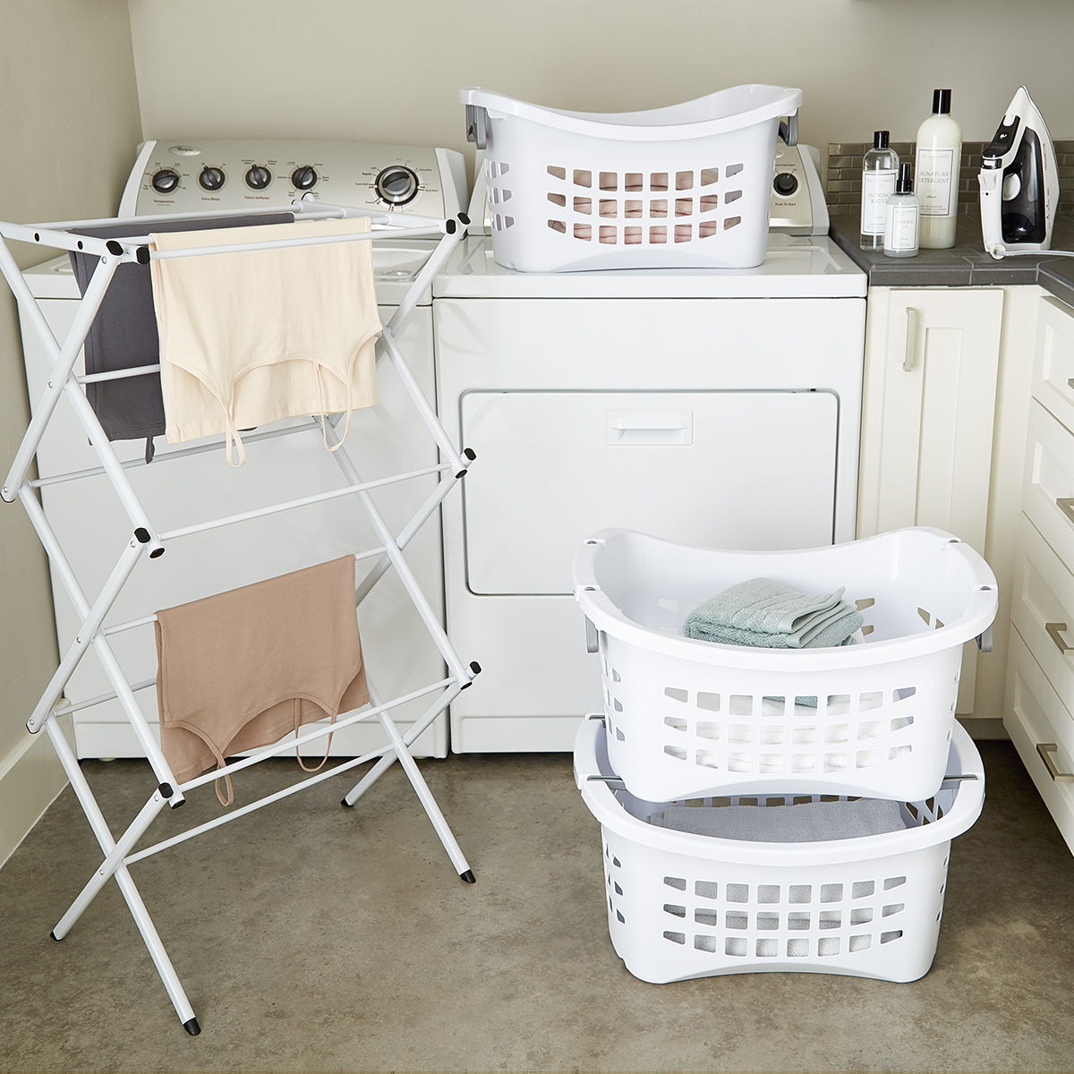 White Stackable Laundry Basket with Grey Handles