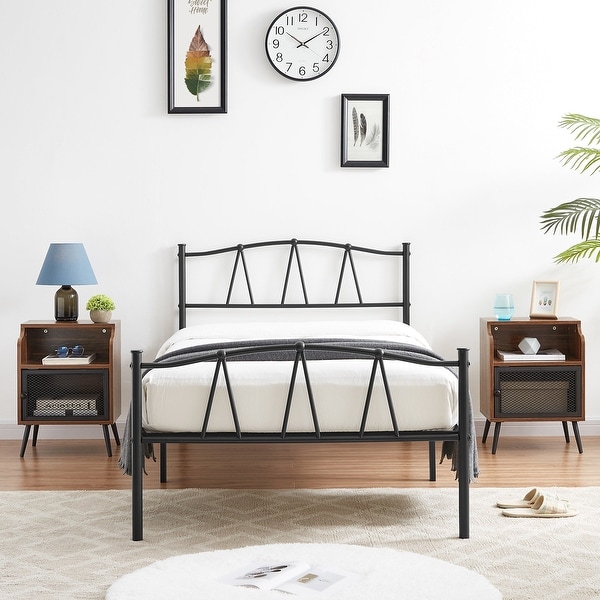 Industrial 3 Piece Bedroom Set Black Platform Bed Frame and Modern Brown Nightstands Set of 2 - - 36529080