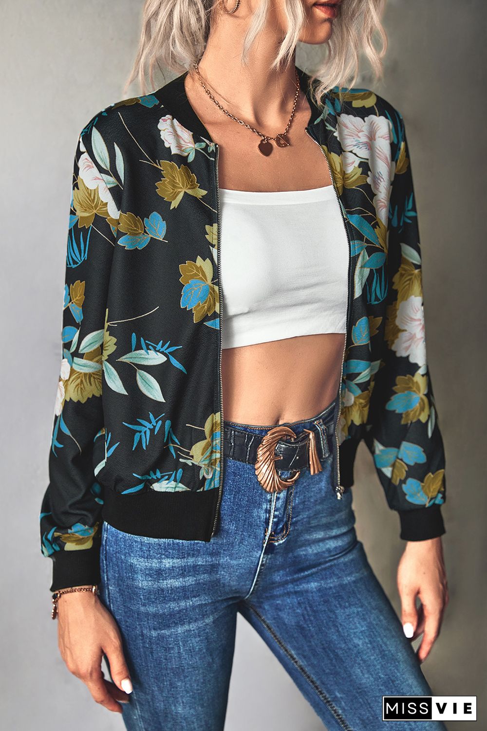 Front Open Zipper Floral Print Jackets