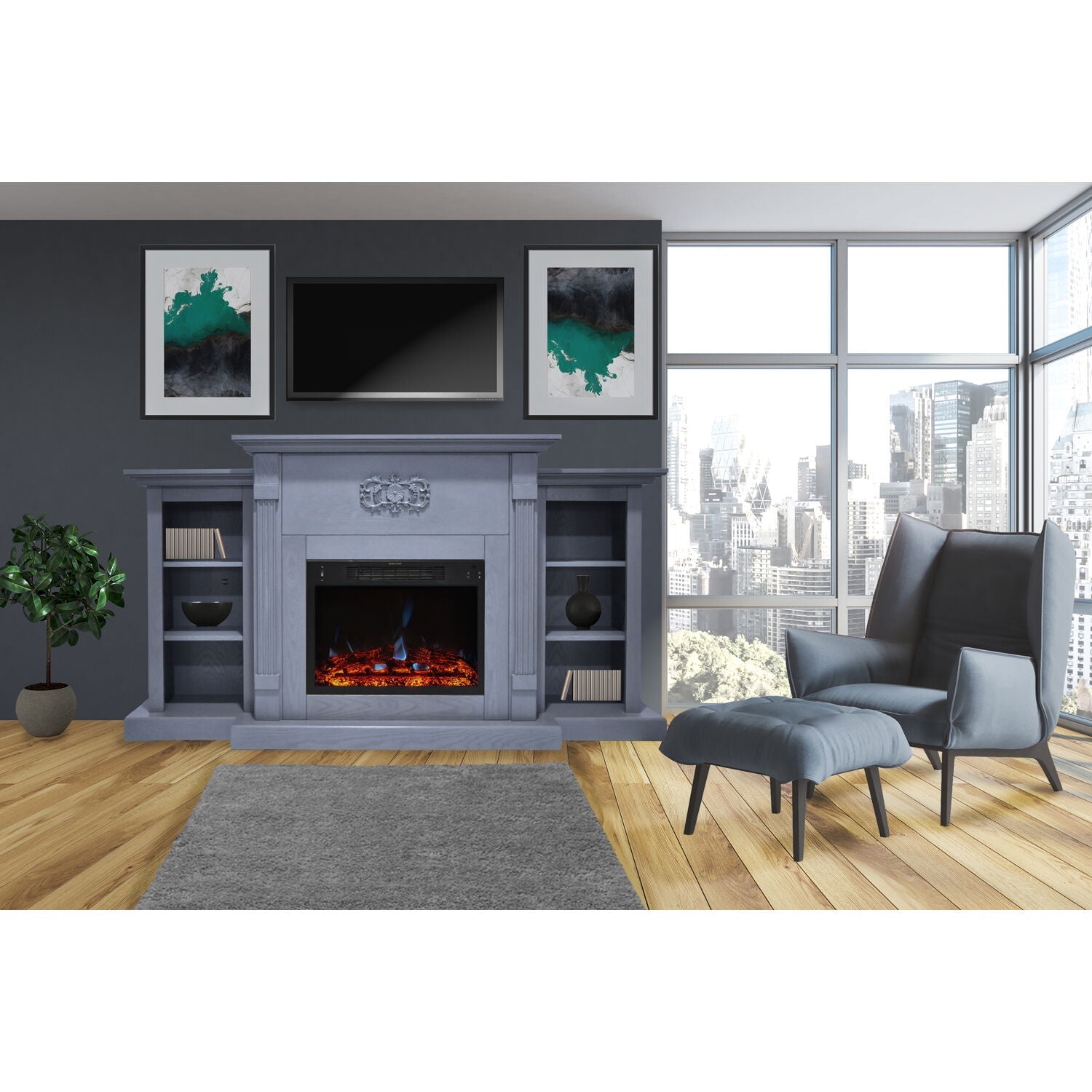 Cambridge Sanoma 72'' Electric Fireplace with Enhanced Charred Log Insert | Multi-Color Flame | For Rooms up to 210 Sq.Ft | Remote | Slate Blue Mantel | Adjustable Heat Settings