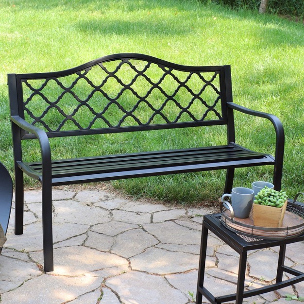 Sunnydaze 2 person Lattice Design Black Cast Iron Outdoor Garden Bench