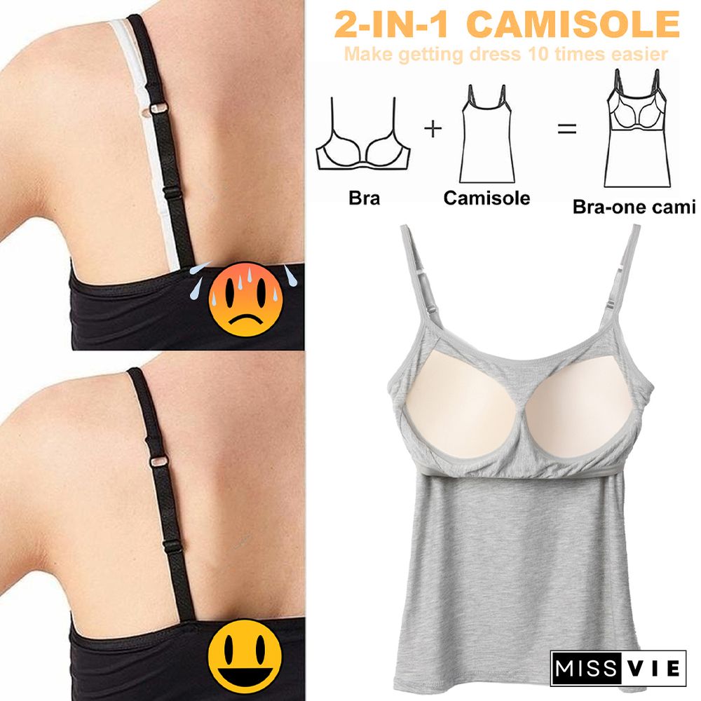 Women Tank Tops Adjustable Strap Camisole With Built In Padded Bra Summer Sleeveless Casual Vest Layer Stretch Undershirts