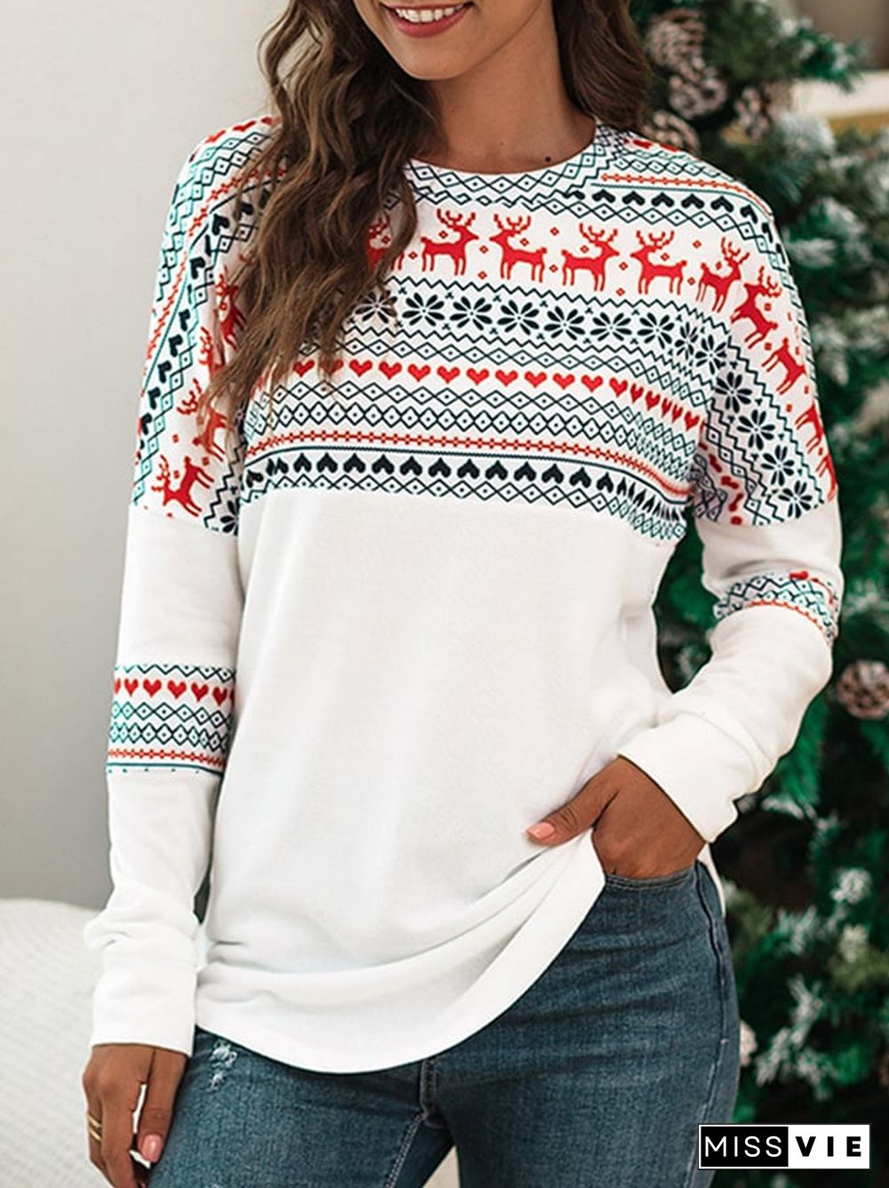 Women's Christmas Elk Print Contrast Loose Sweatshirt