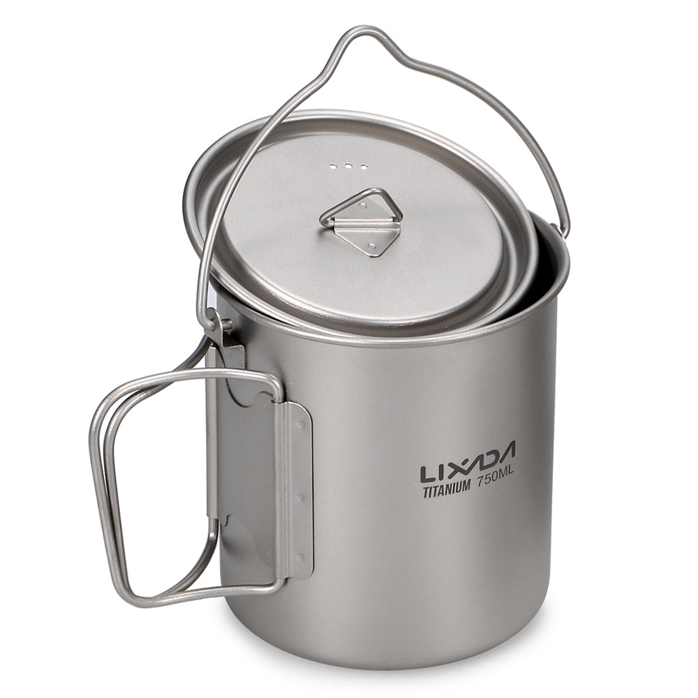 Lixada Ultralight 750ml Titanium Pot Portable Titanium Mug Cup with Lid and Foldable Handle Outdoor Camping Cooking Picnic