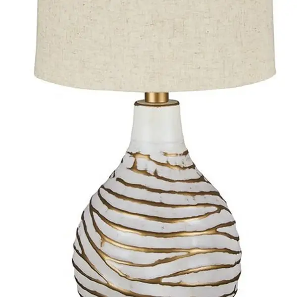 Pot Bellied Metal Table Lamp with Textured Golden Embellishment， White