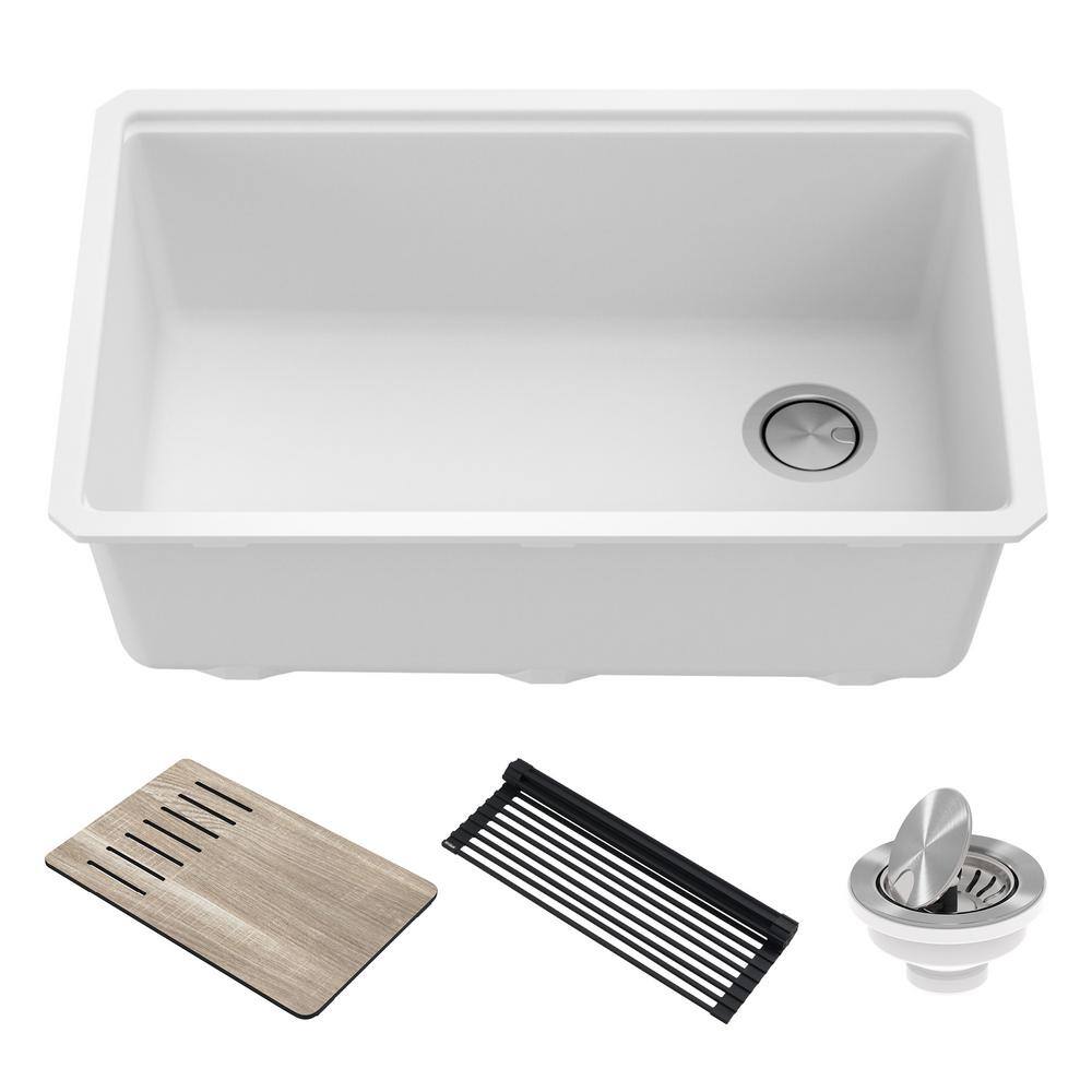 KRAUS Bellucci White Granite Composite 30 in. Single Bowl Undermount Workstation Kitchen Sink with Accessories KGUW1-30WH