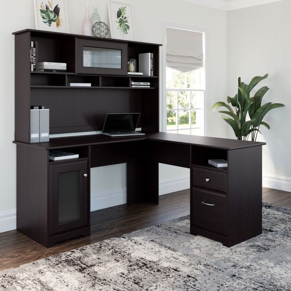 Bush Furniture Cabot 60W L Shaped Computer Desk with Hutch in Espresso Oak