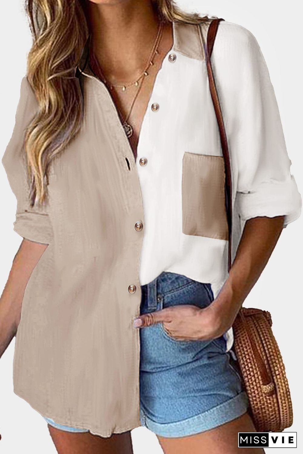 Khaki Colorblock Buttons Shirt-Collar Long Sleeve Pocket Blouse