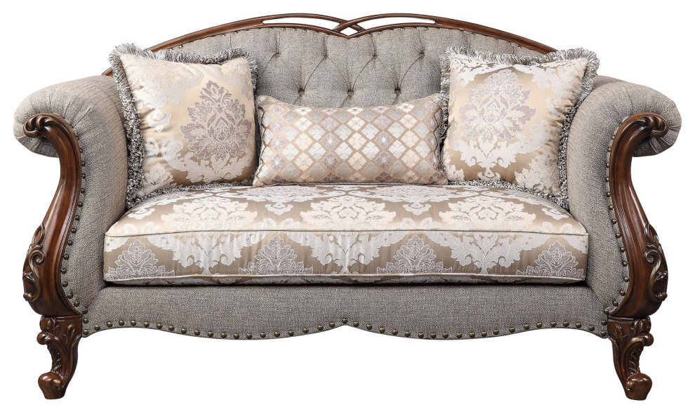 Benzara BM250250 Loveseat  Button Tufted Back and Queen Anne Legs  Gray/Brown   Victorian   Loveseats   by Uber Bazaar  Houzz