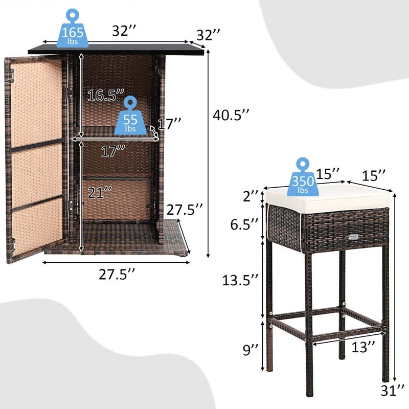 5 Pcs Rattan Patio Bar Set Counter Height Dining Table Set with Hidden Storage Shelf & Cushioned Bar Stools