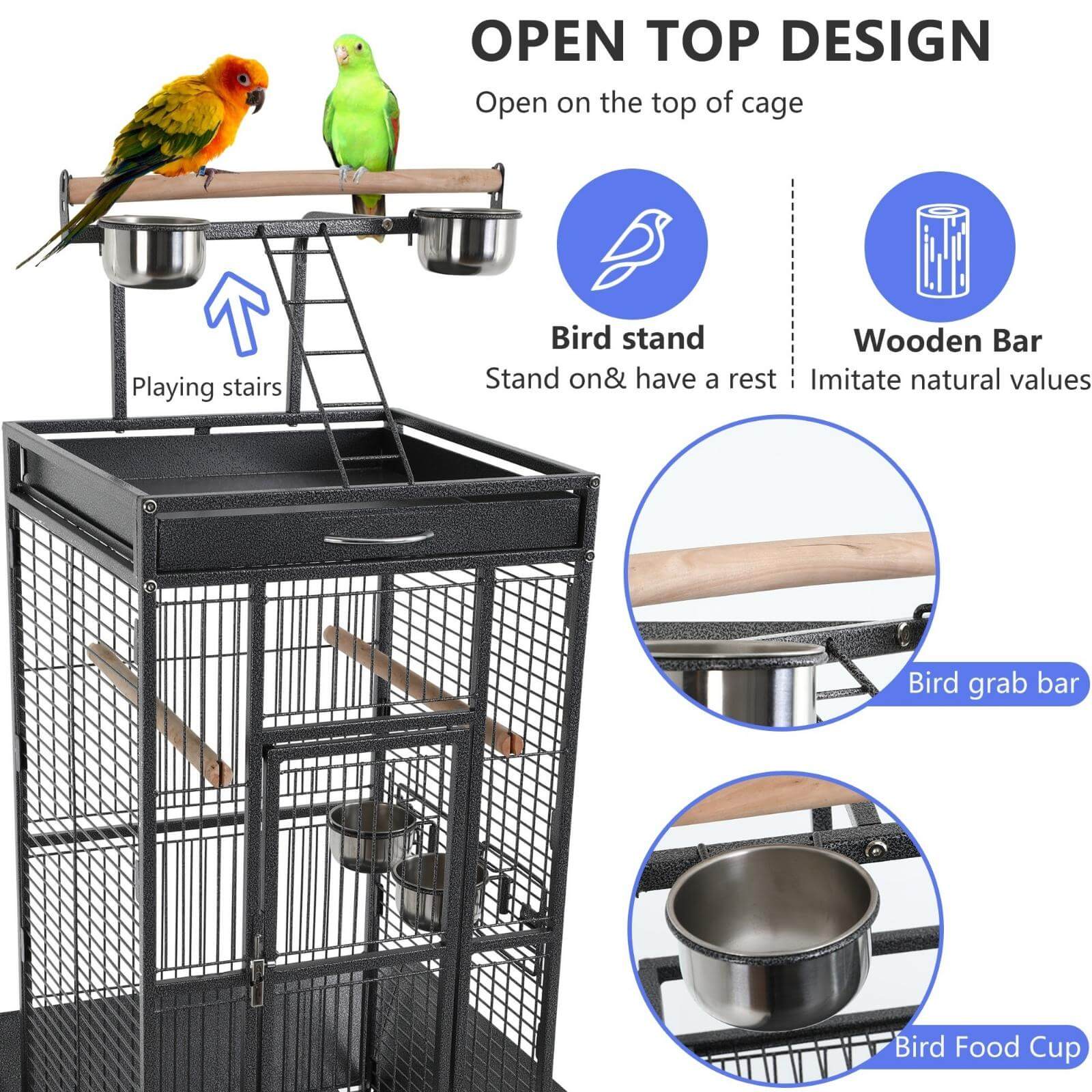 NiamVelo 61’’Large Iron Birdcage Wrought Parrot Cage with Play Top and Rolling Stand for Parakeets and Lovebirds，Black