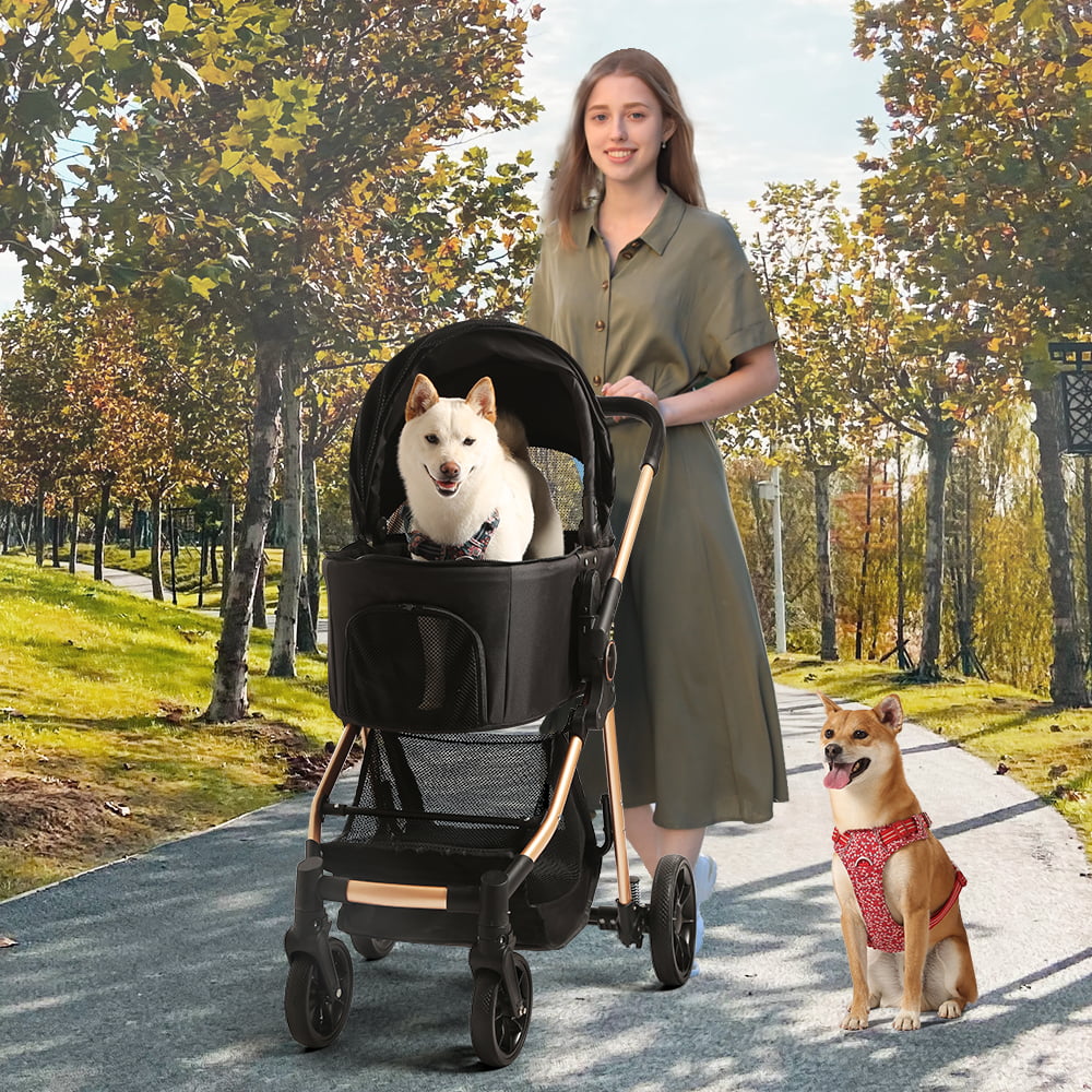 B.Childhood Pet Stroller for Medium Small Dog/Cat with Storage Basket，Black