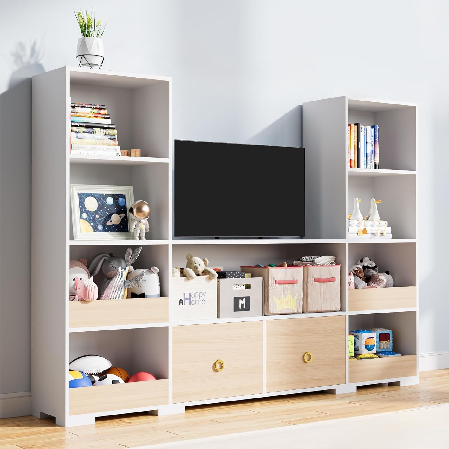 Combination Bookshelf U-Shaped Storage Shelf with 9 Cubes and 2 Drawers