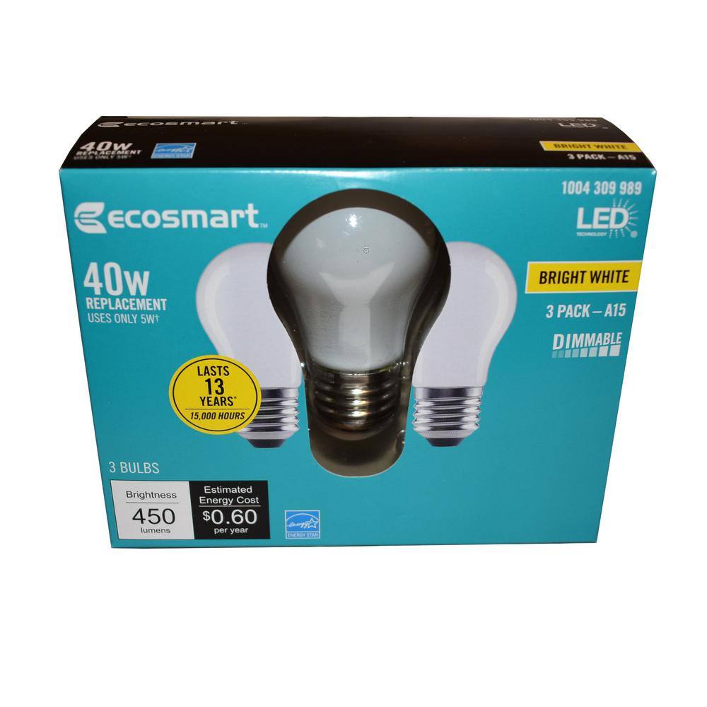 EcoSmart 40-Watt Equivalent A15 Dimmable ENERGY STAR Frosted Glass Filament Vintage Edison LED Light Bulb Bright White (3-Pack) FG-03221