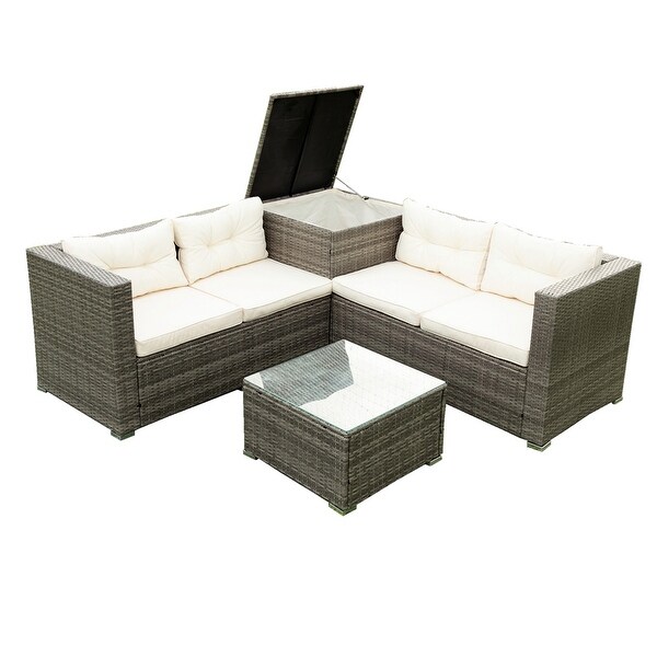 4 Piece Patio Sectional Wicker Rattan Outdoor Furniture Sofa Set with Storage Box