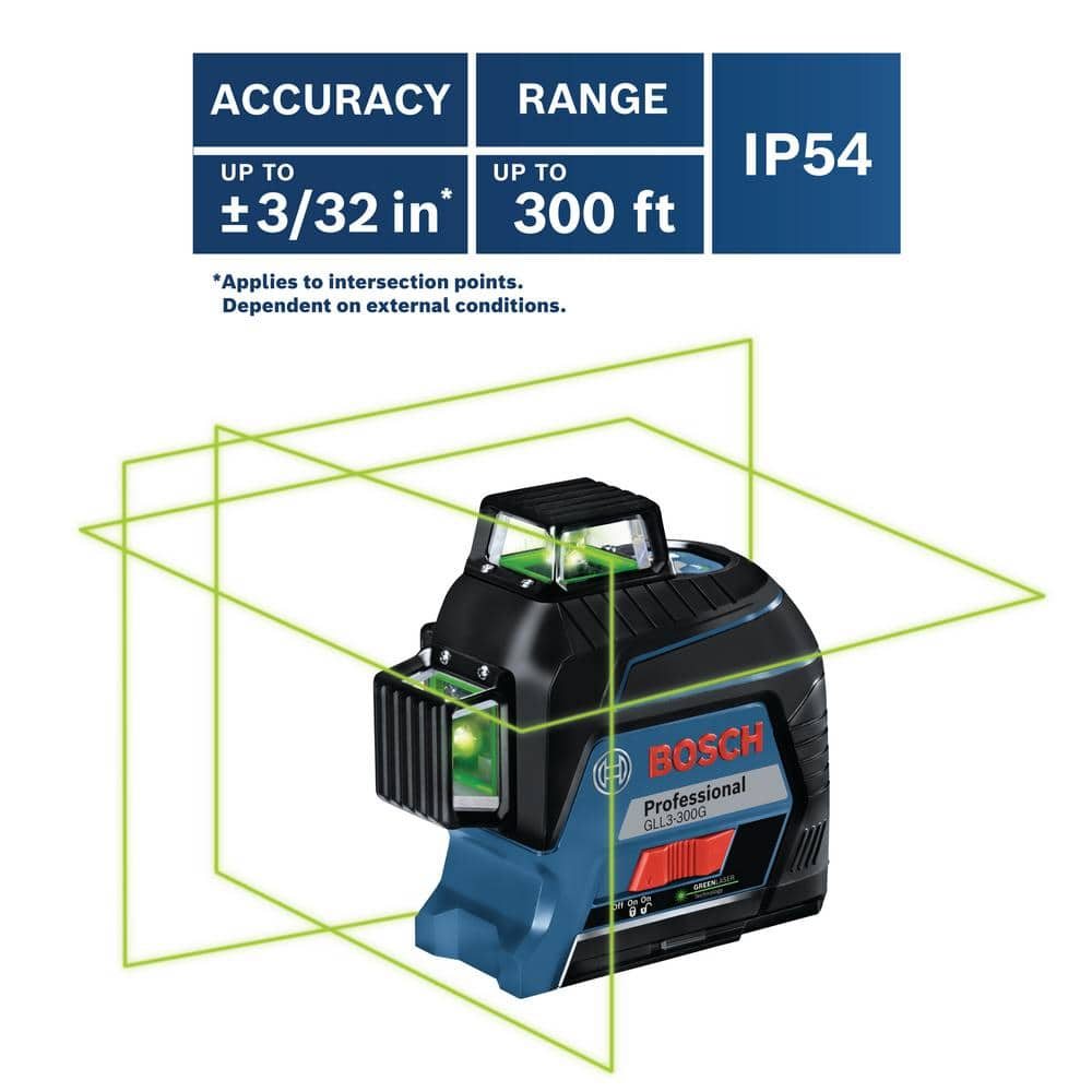 Bosch 300 ft. Green 360-Degree Self Leveling Laser with Visimax Technology, Mount Plus Compact Tripod with Extendable Height GLL3-300G+BT150