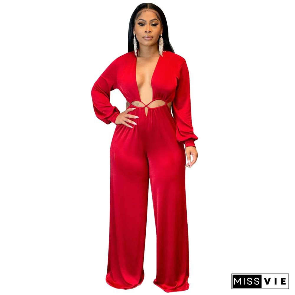 Low Cut Deep V Hollow Out Wide Leg Jumpsuit