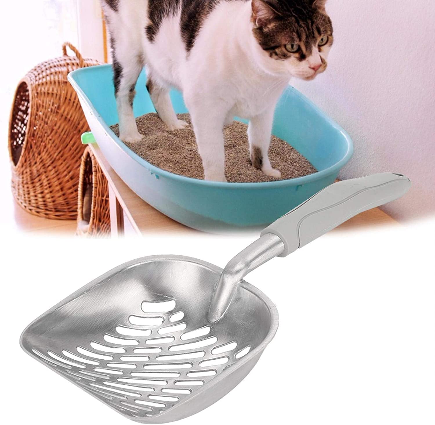 Velaurs Cat Litter Scoop， Stainless Steel Metal Cat Litter Scooper Cat Litter Sifter Pet Scoop with Handle for Litter Box， Grey