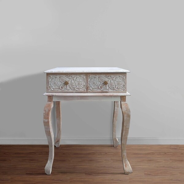 2 Drawer Mango Wood Console Table with Floral Carved Front， Brown and White