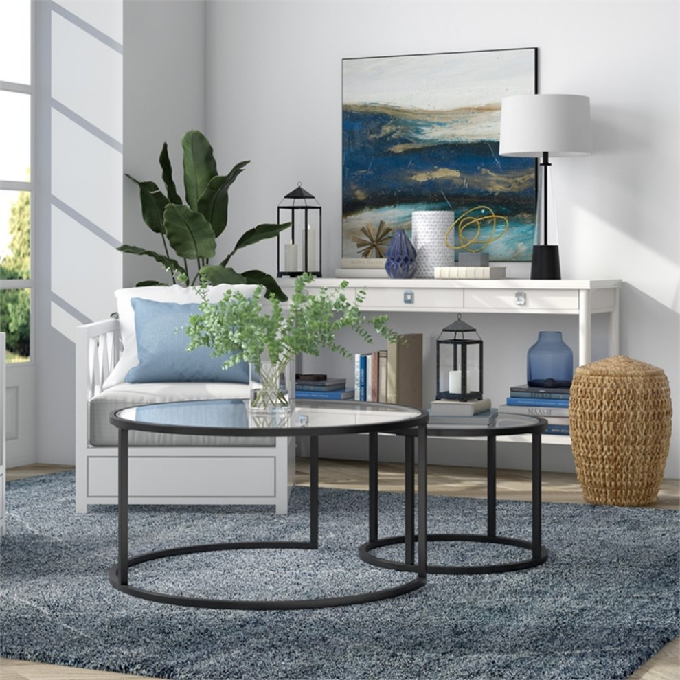 Henn ampHart Metal Double Nested Round Coffee Table in Black with Glass Top   Contemporary   Coffee Table Sets   by Homesquare  Houzz