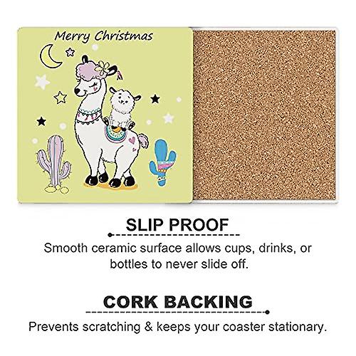 Colourlife Christmas Mother Lama With Child Printed Square Ceramic Coaster For Drinks With Cork Base For Coffee Cups Place Mats For Home Decor Set Of