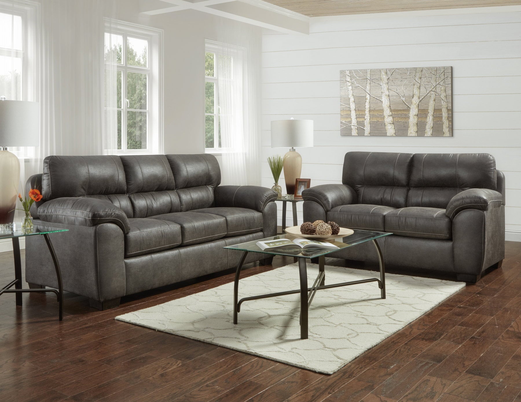 Tirana Fabric Sofa and Loveseat Set with Pillow-Top Arms by Roundhill Furniture, Sequoia Ash