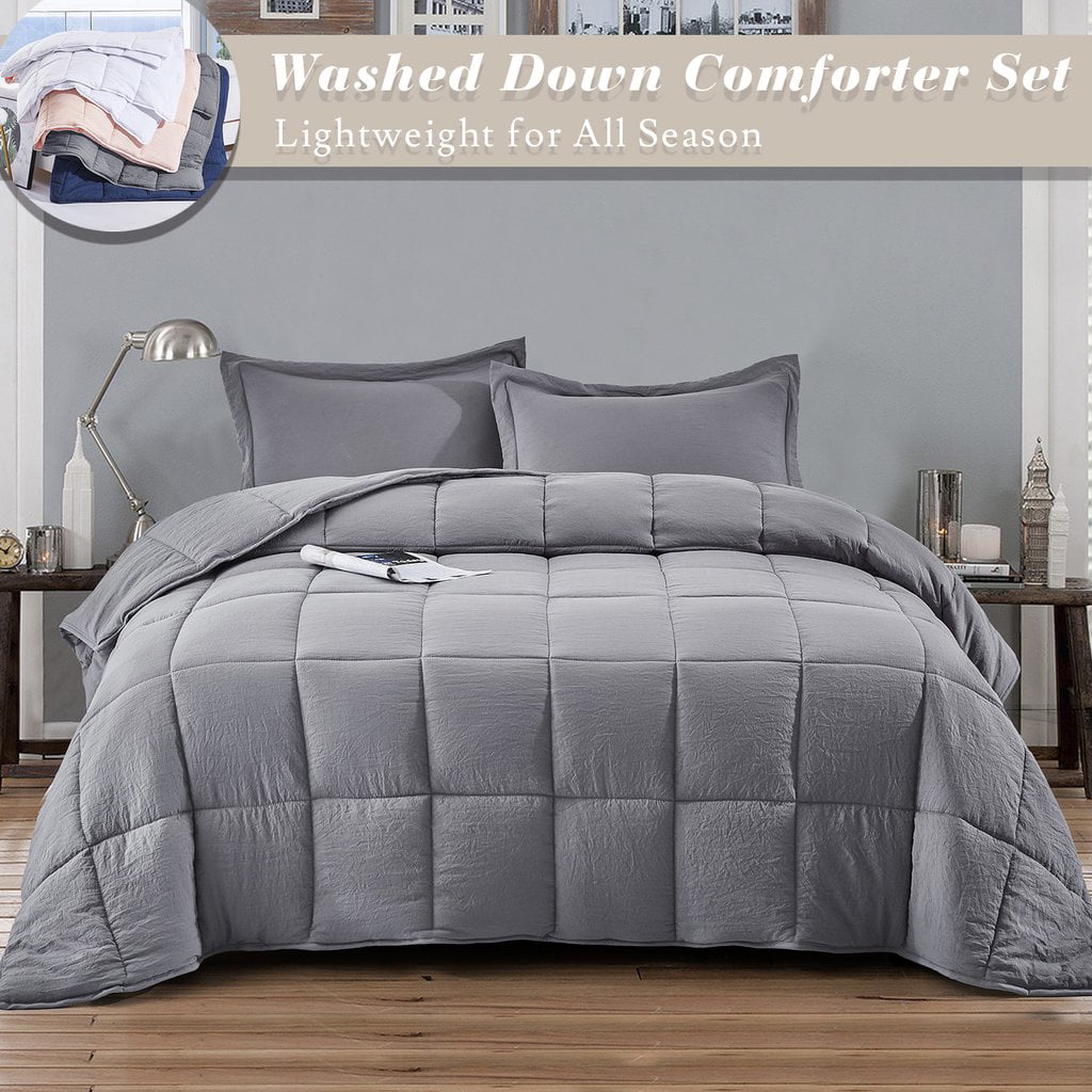 All Season Gray 3 Piece Queen Size Down Alternative Comforter Set with Corner Tabs