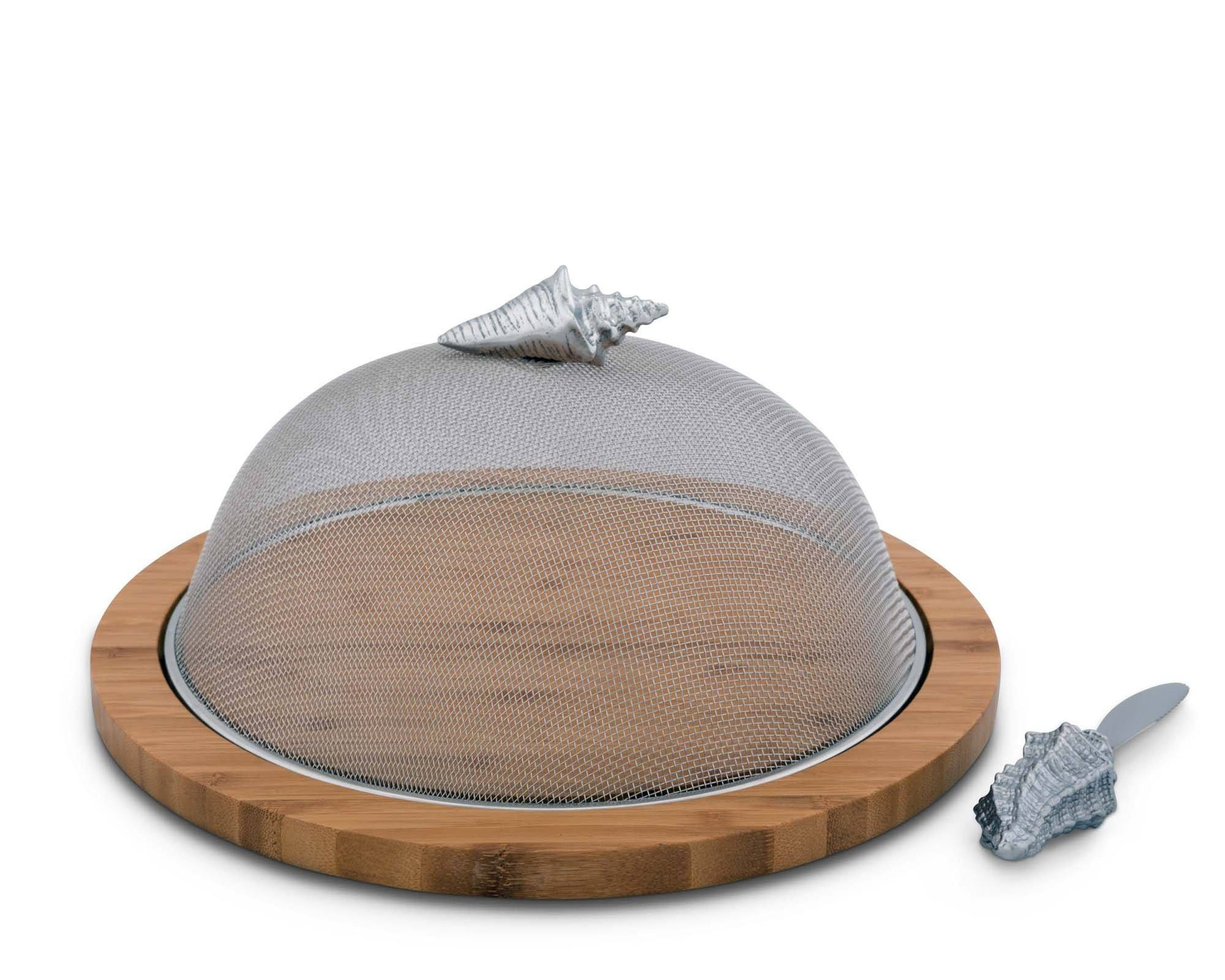 Arthur Court Conch Shell Ocean Pattern Picnic Mesh Cheese Cover with Bamboo Cheese Board and Spreader 13