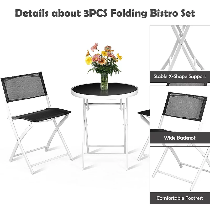 3 Pieces Patio Folding Bistro Set for Balcony or Outdoor Space