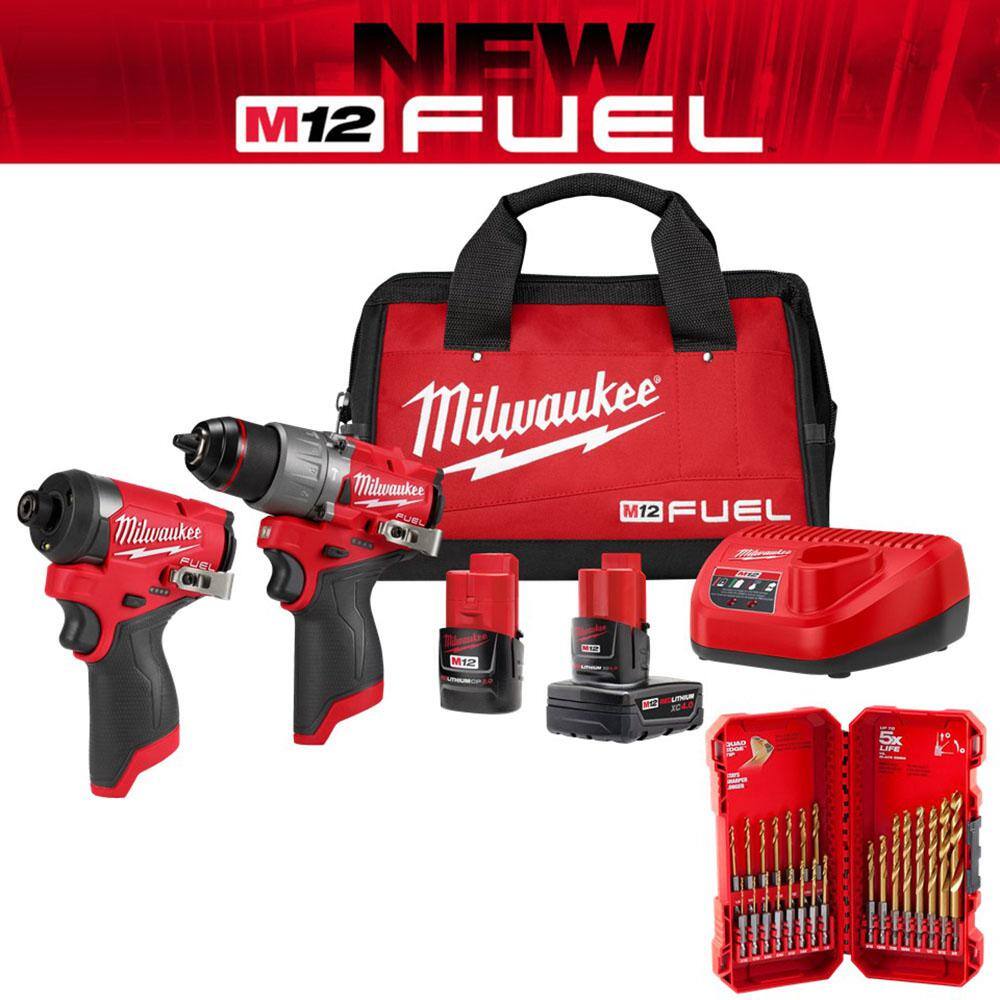 MW M12 FUEL 12-Volt Cordless Hammer Drill and Impact Driver Combo Kit with Impact Duty Titanium Drill Bit Set (23-Piece) 3497-22-48-89-4631