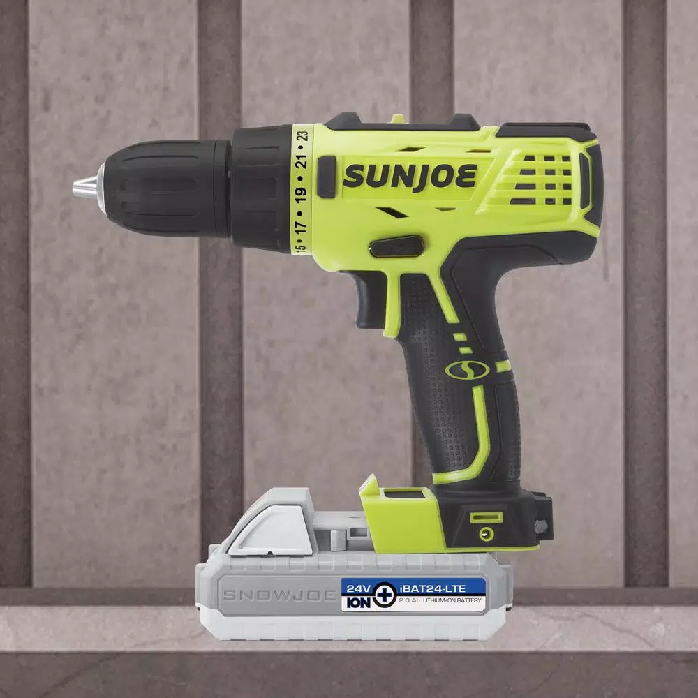 Sun Joe 24-Volt 0.5 in. Chuck Lithium-iON Cordless Drill/Driver Kit with 2.0 Ah Battery + Charger and#8211; XDC Depot