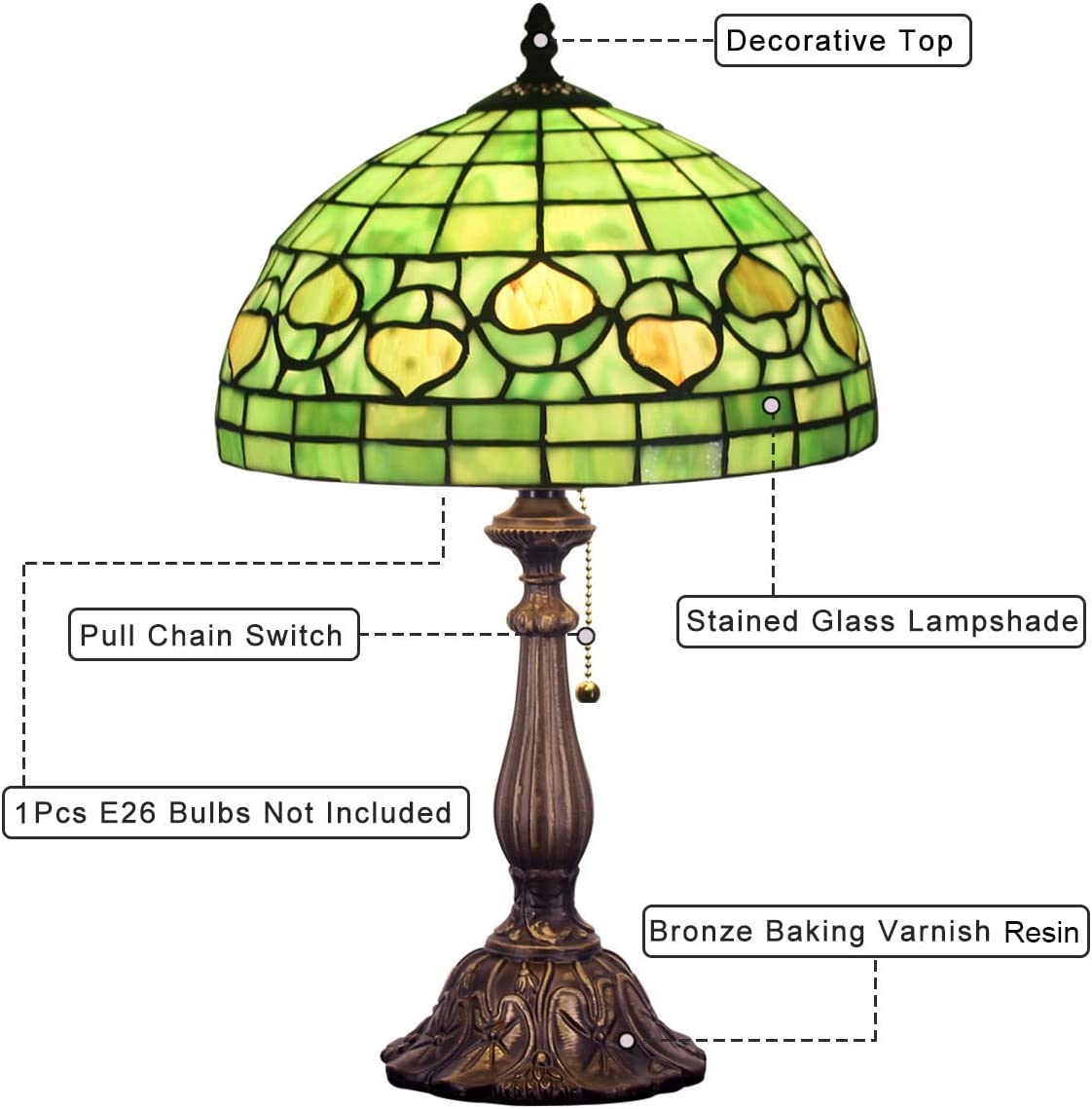 SHADY  Style Table Lamp W12H19 inch Green Stained Glass Antique Bedside Nightstand Desk Reading Lamp Work Study Desktop Light Decor Home Kids Bedroom Living Room Office Pull Chain