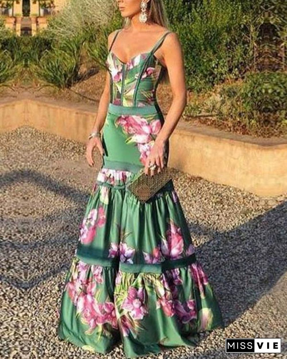 Fashion Sexy Floral Plunge Ruffles Layered Hem Evening Dress