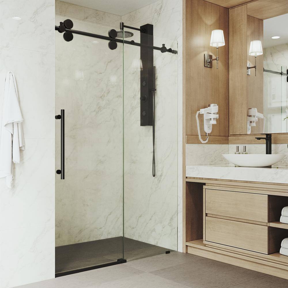 VIGO Elan 56 to 60 in. W x 74 in. H Frameless Sliding Shower Door in Matte Black with 38 in. (10 mm) Clear Glass VG6041MBCL6074