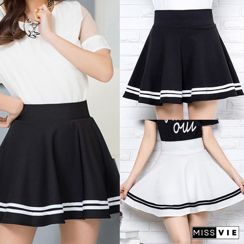 Summer Women Fashion Version Style Pleated Skirt Solid Color High Waist Casual Mini School Skirt