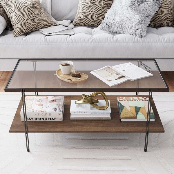 Asher Mid-Century Rectangle Coffee Table with Glass Top and Walnut Floating Shelf Black Metal Legs