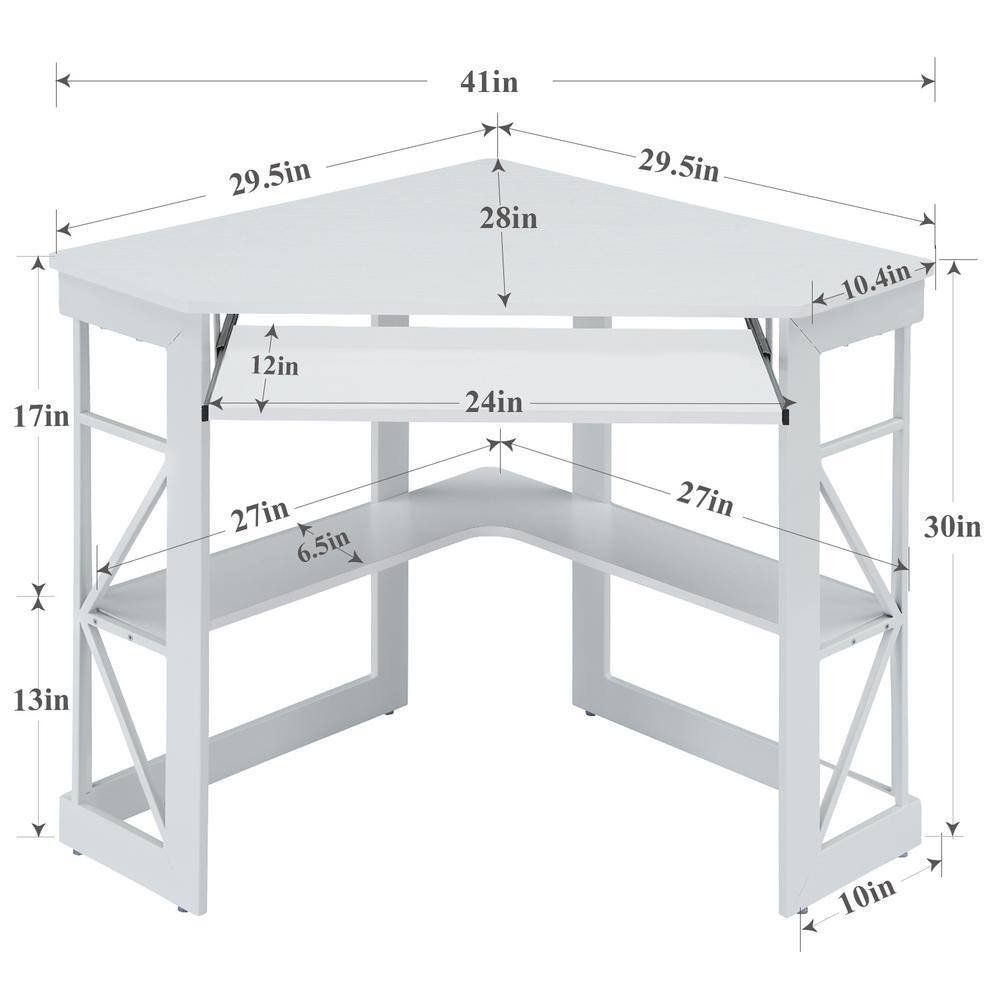 VECELO Corner Desk 29.5 in. W Triangle White Computer Desk Wooden Desk Sturdy Steel Frame Computer Desk with Keyboard Tray KHD-XJM-CD03-WHE