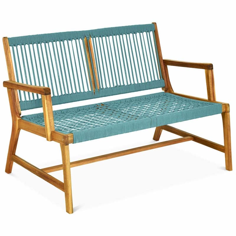 2-Person Acacia Wood Rope Bench Loveseat Chair, Outdoor Patio Garden Park Bench in Teak Oil Finish