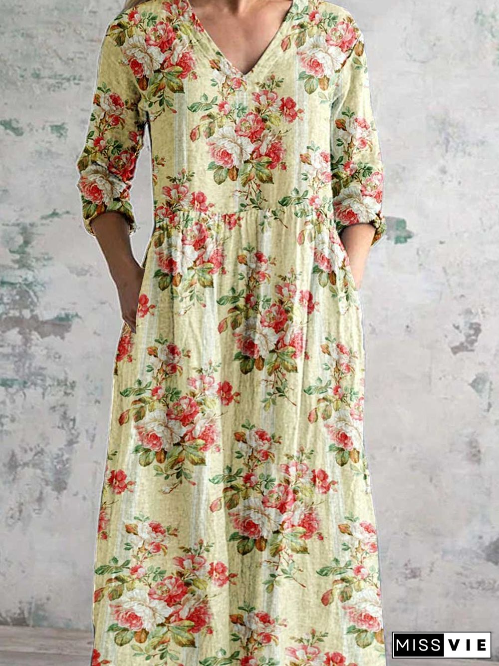 Women's Art Rose Floral V Neck Cotton and Linen Dress With Pockets