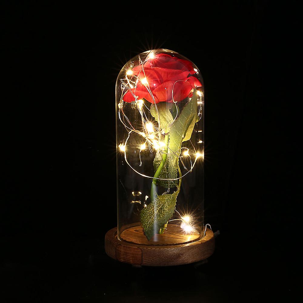 Rose Flower， Glass Cover， Wooden Base， String Light